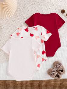 SHEIN Perso Play 3件套婴儿男女通用杏色和红色爱心印花休闲时尚连体衣，适合春秋季日常穿着 - 紅色 - 查看 2
