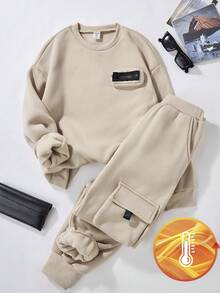 SHEIN Vacaura Tween Boys' Long Sleeve Top And Pants Set Chic Outfits For Autumn/Winter - Khaki - View 8