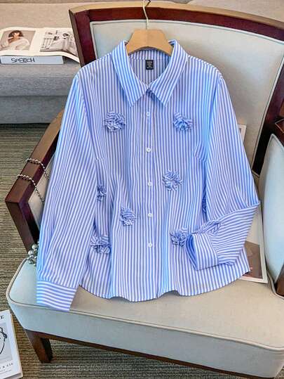 GlowEve CURVE Plus Size Women's Stand Collar Long Sleeve Blouse, Loose Fit Versatile Striped 3D Floral Elegant Design, Suitable For Daily Commute