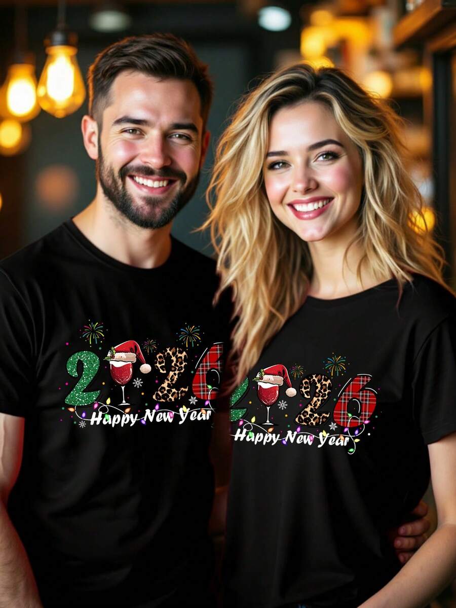 Manfinity Homme Men's 2026 & Christmas Graphic Print Round Neck Short Sleeve T-Shirt - Black - View 1