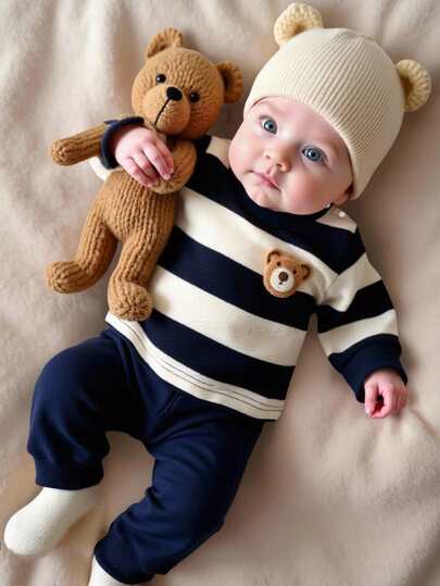 SHEIN 2pcs Newborn Baby Boy Casual Chic Cute Navy Blue & Apricot Striped Round Neck Long Sleeve Top With Embroidered Bear Decor Paired With Navy Blue Pants Set, Suitable For Streetwear And Everyday Casual Wear, Spring/Autumn