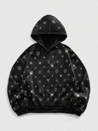 Sudadera casual holgada para hombre con patrón adornado con rhinestones, ajuste suelto y forro térmico cálido, adecuada para otoño/invierno