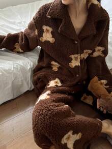 DAZY 2件套女士小熊图案毛绒宽松长袖睡衣套装，冬季 - 棕色 - 查看 8