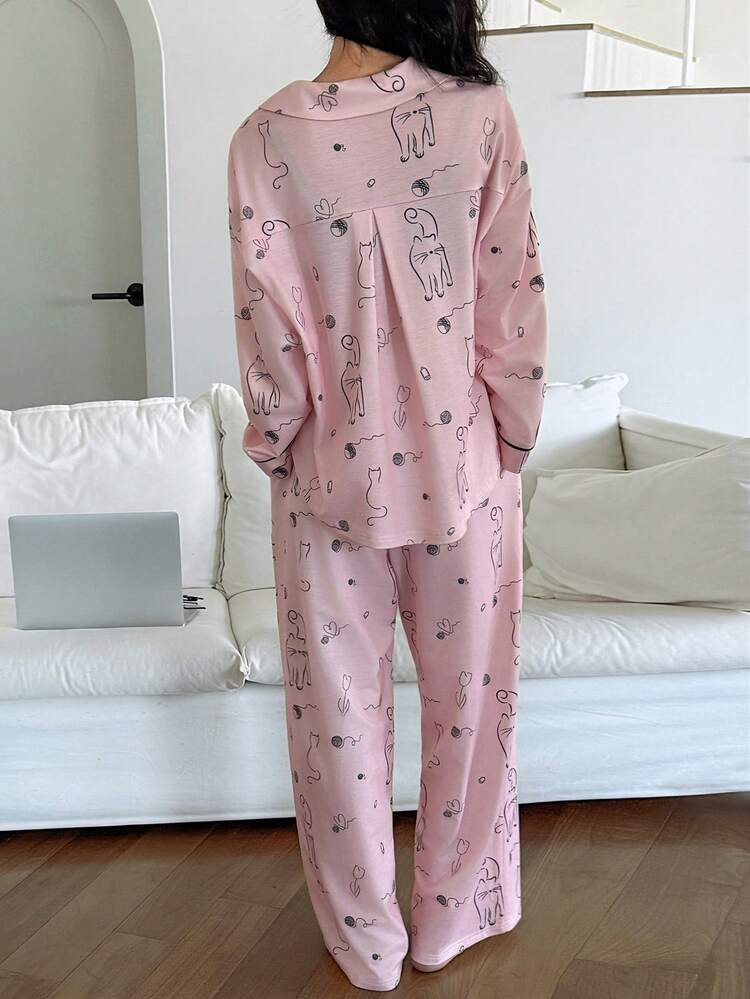 Cat Pattern Women Long Sleeve Single-Breasted Top And Long Pants Pajama Set