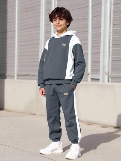 Vacaura 2pcs/Set Tween Boy Minimalist Stylish Patchwork Hoodie Sweatshirt And Patchwork Cuffed Pants, Silhouette, Comfortable Fabric, Suitable For School And Casual Wear, Autumn/Winter