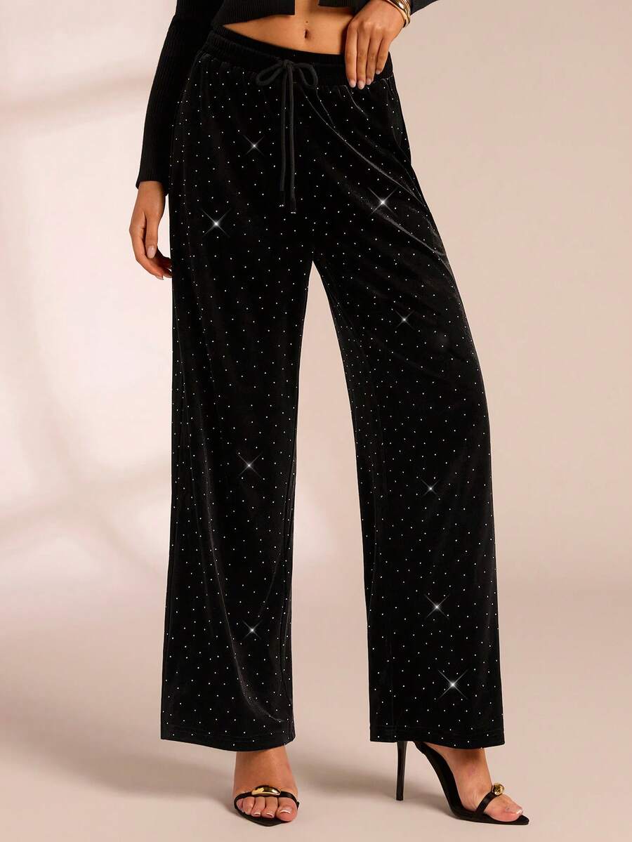 Glamine Women's Elegant Velvet Rhinestone Embellished Wide Leg Pants, Flattering Leg Silhouette Rhinestone Pants Palazzo Pants Women - Black - View 1