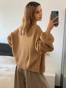 DAZY كارديجان محبوك أنيق بأكمام طويلة وفضفاض بلون واحد، خريف/شتاء - كاكي - مشاهدة 2