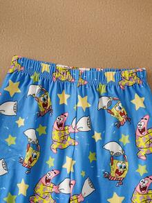 SpongeBob SquarePants | SHEIN Young Boy Cartoon Pattern Cute Colorblock Long Sleeve T-Shirt And Star Print Blue Comfortable Pants Pajama Set - Blue - View 3
