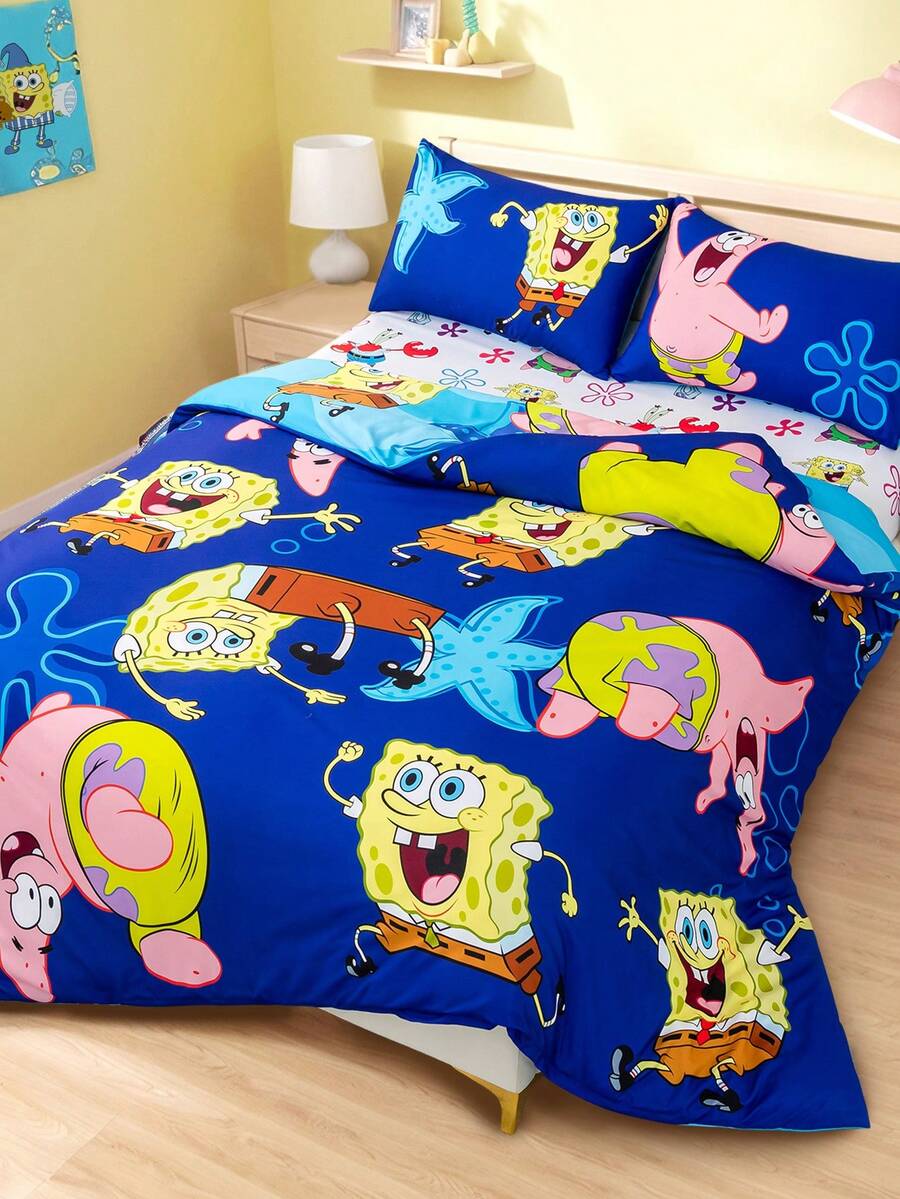 SpongeBob SquarePants | SHEIN 3pc Marine Animal Cartoon Print Quilt Set, Sanded Material, Soft And Warm, Blue Quilt Cover, Double-Sided Pattern, Multiple Sizes, Suitable For Single Bed/Double Bed/King Bed/King Bed,Gift Ideas - Blue - View 1