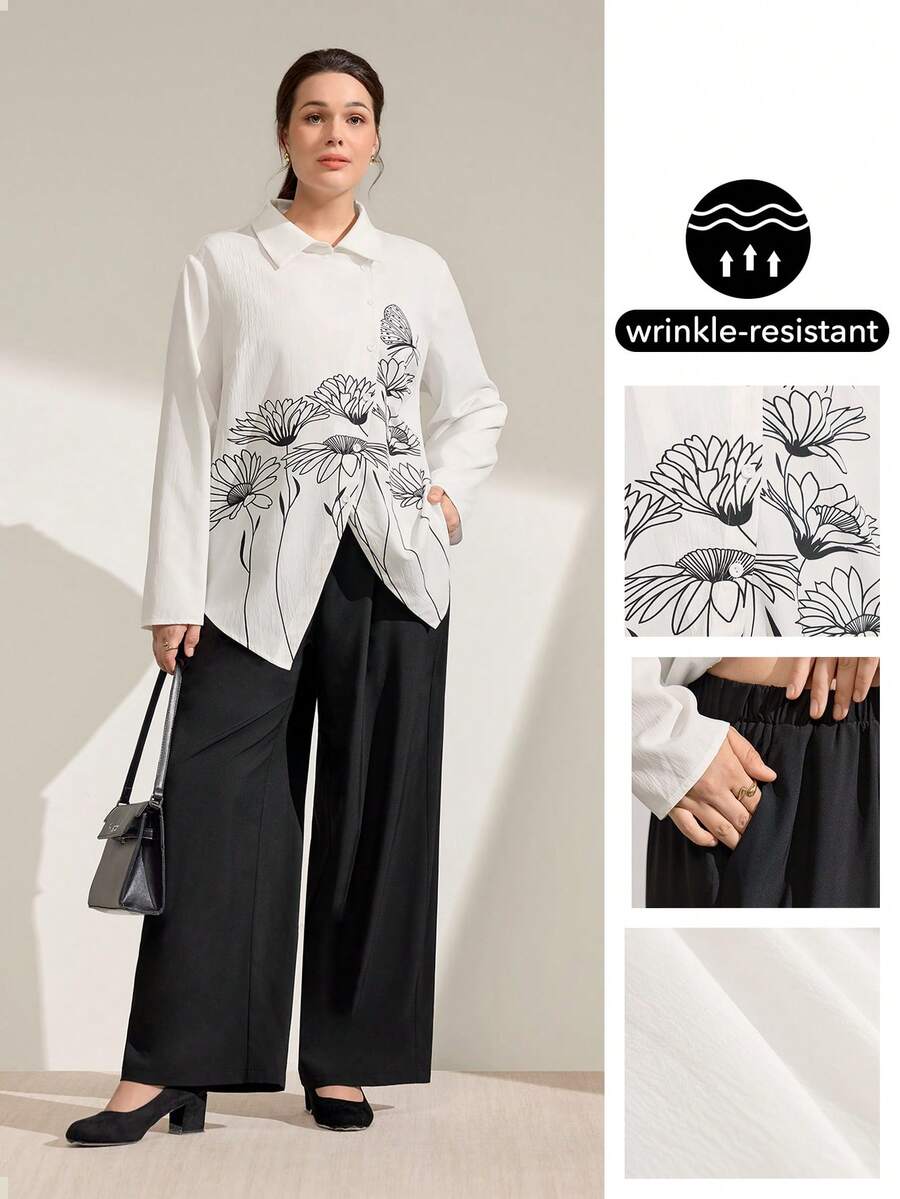 Momelise Bộ đồ 2 món cỡ lớn cho nữ, áo sơ mi in họa tiết + quần thường ngày, trang phục thường ngày cho mùa thu - Nhiều màu - Xem 1