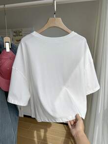 Comfortcana 大码女式休闲简约百搭百搭落肩宽松白色 100% 纯棉舒适 T 恤，夏季 - 白色 - 查看 3