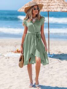 Sylviya 交叉領口荷葉邊袖口束腰連衣裙 - 薄荷綠 - 查看 3