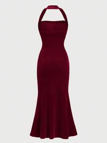 SHEIN Girlism 少女纯色吊带褶皱腰身优雅派对修身鱼尾连衣裙 - 酒紅色 - 查看 2