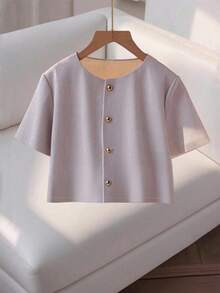 Franclia Fashionable And Elegant Round Neck Short Sleeve Buttoned Blouse For Women - Grey - View 6