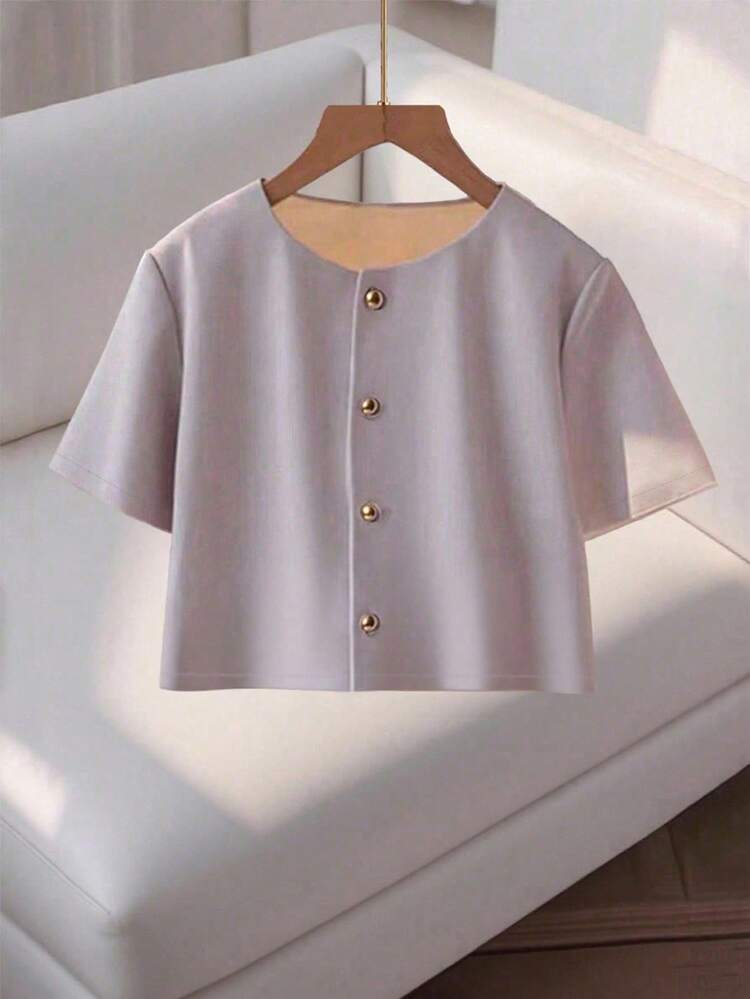Franclia Blusa con botones de cuello redondo y manga corta, elegante y de moda para mujer - Gris - Añade 6