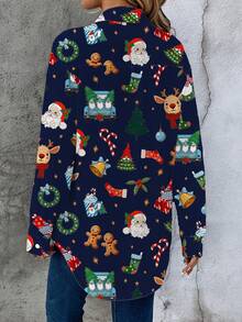 EMERY ROSE Casual Minimalist Christmas Long Sleeve Women Shirt, Suitable For Autumn/Winter Christmas Season - Blue - View 2
