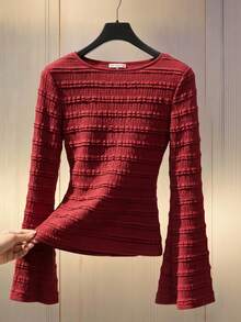 SHEIN LUNE 女士修身圆领酒红色蕾丝罗纹针织上衣，喇叭袖，后背系带可调节。适合休闲约会、日常穿着、派对、度假和旅行。 - 酒紅色 - 查看 1