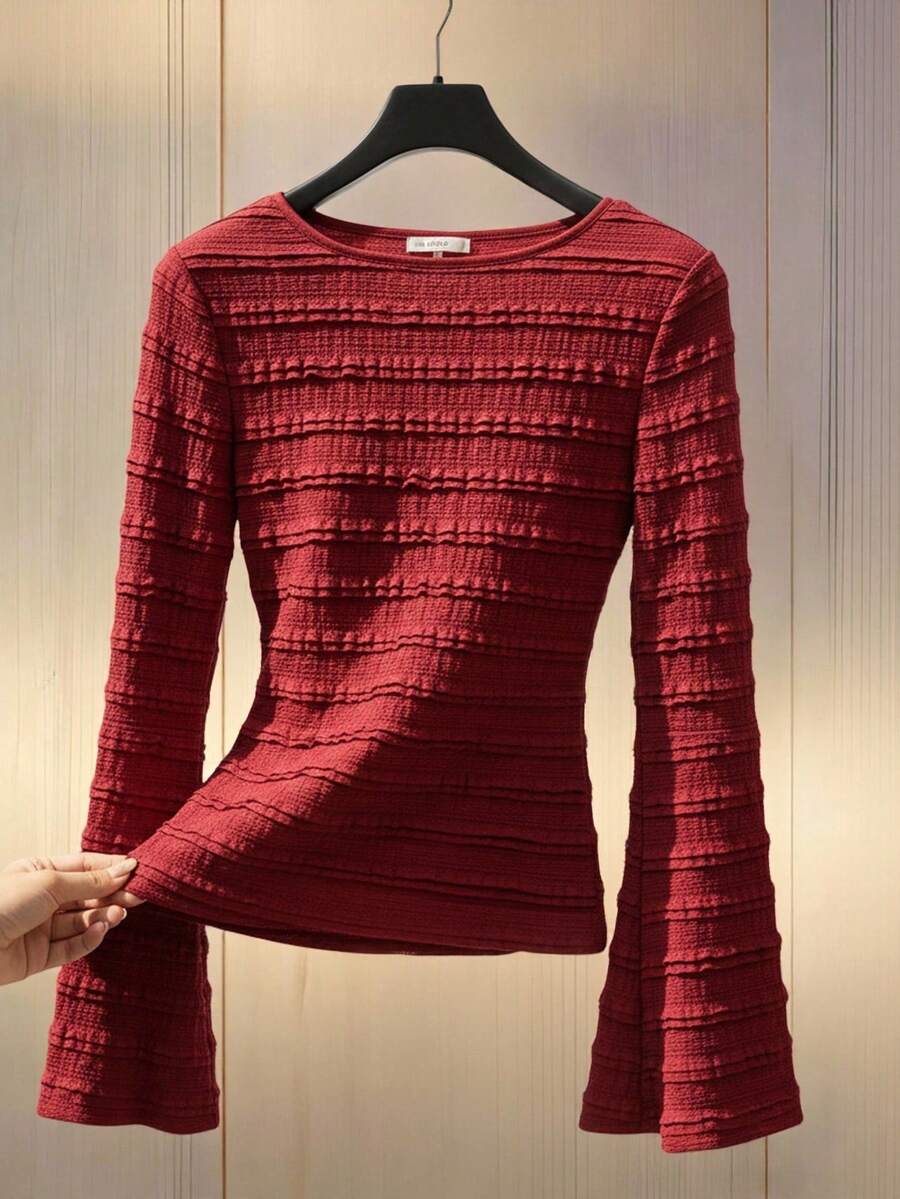 SHEIN LUNE 女士修身圆领酒红色蕾丝罗纹针织上衣,喇叭袖,后背系带可调节。适合休闲约会、日常穿着、派对、度假和旅行。 - 酒紅色 - 查看 1