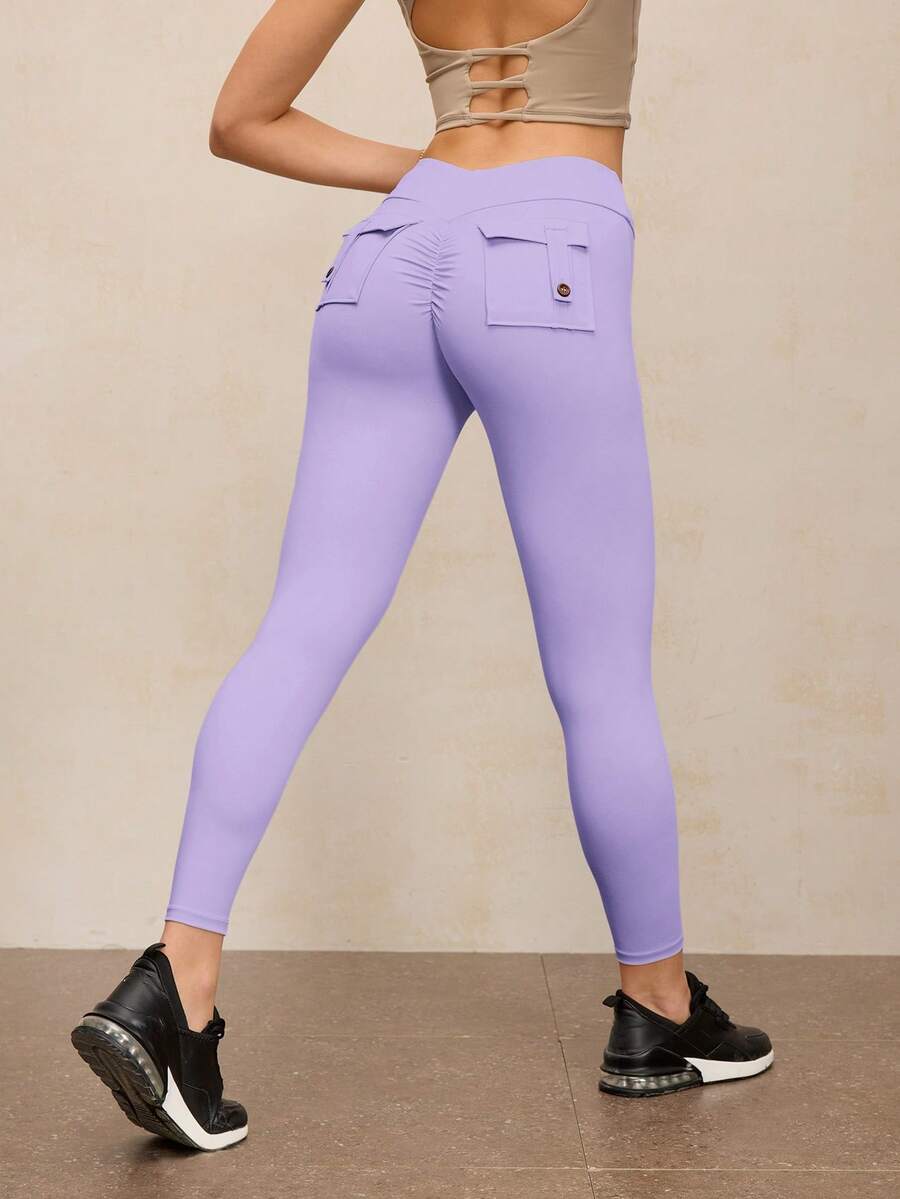 Activina High Waist Ruched Casual Slim Fit Stretchy Leggings Pocket Leggings - Purple - View 1