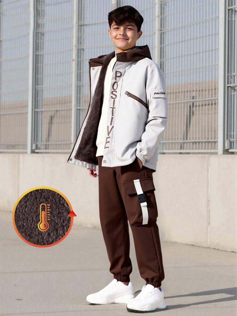 Vacaura 2 件套青少年男童休闲领印花撞色羊毛袖口裤子套装,适合秋冬户外 - 咖啡棕 - 查看 1