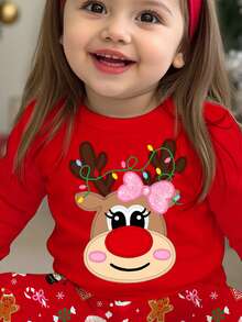 SHEIN Conjunto de pijama de top de manga larga y pantalones de ajuste cómodo y minimalista casual con diseño de reno, campana, bastón de caramelo, copo de nieve, hombre de jengibre y pingüino de Navidad en rojo festivo, adecuado para otoño/invierno, para niña bebé - Multicolor - Ver 4