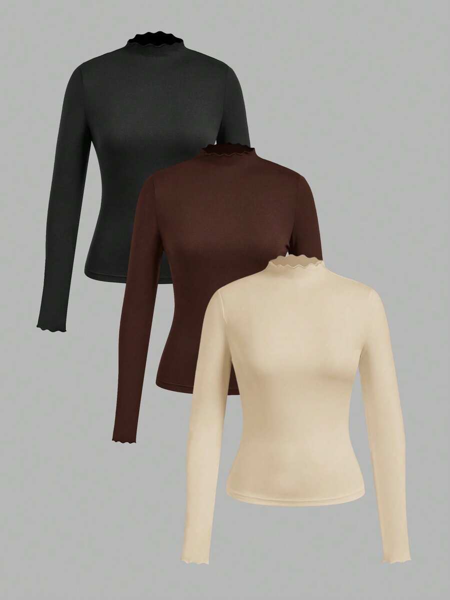 SHEIN EZwear 三件套休闲简约修身长袖T恤，黑色、深棕色、米色可选，秋冬款 - 彩色 - 查看 1