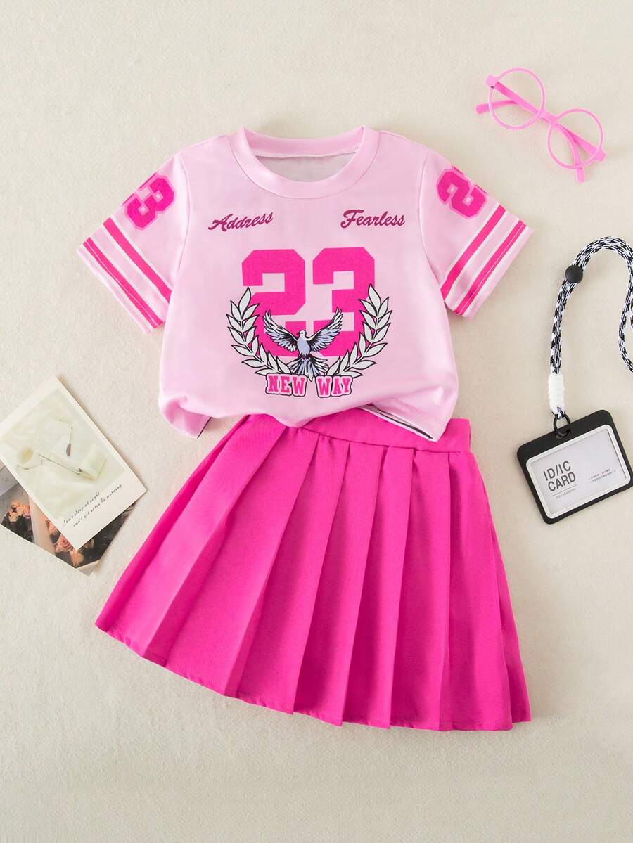 SHEIN 2pcs/Set Young Girls Pink College Letter Print Top + Pleated Skirt