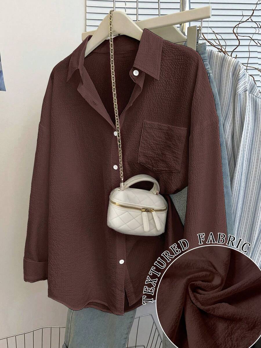 Resyla Women's Textured Fabric Solid Color Patch Pocket Front Button Long Sleeve Shirt - Brown - View 1