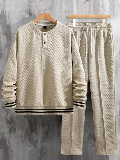 Manfinity Homme Men's Striped Button Half-Placket Long Sleeve Sweatshirt And Drawstring Waist Pants Casual Suit Mens Knitted Set Men Casual Top And Bottom Set Men 2 Piece Set Men 2 Piece Set Spring Fall Mens Casual Sets Old Money,Daily Leisure, Weekend Trips, Outdoor Activities, Travel Expeditions, Relaxed Work Environments Or Semi-Formal Occasions, Boyfriend/Husband Gift, Anniversary /Birthday Gift Party Christmas New Years Wedding