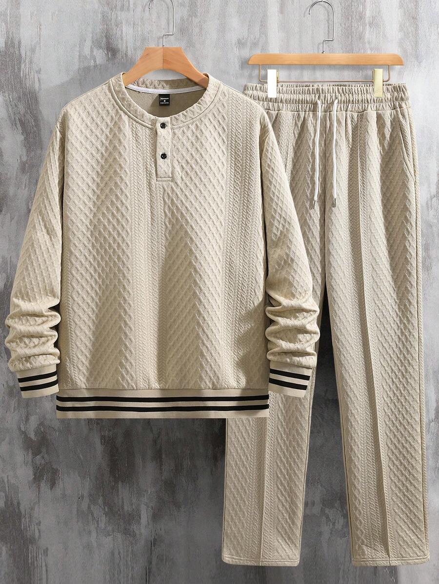 Manfinity Homme Men's Striped Button Half-Placket Long Sleeve Sweatshirt And Drawstring Waist Pants Casual Suit Mens Knitted Set Men Casual Top And Bottom Set Men 2 Piece Set Men 2 Piece Set Spring Fall Mens Casual Sets Old Money,Daily Leisure, Weekend Trips, Outdoor Activities, Travel Expeditions, Relaxed Work Environments Or Semi-Formal Occasions, Boyfriend/Husband Gift, Anniversary /Birthday Gift Party Christmas New Years Wedding