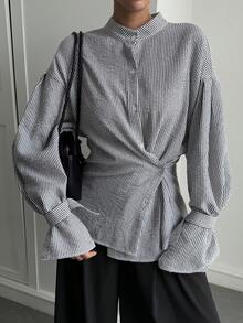 DAZY Women's Mandarin Collar Striped Loose Casual Blouse Long Sleeve