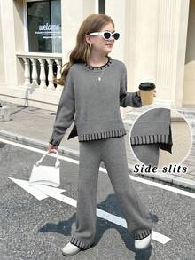 SHEIN 少女休闲时尚百搭撞色滚边套头毛衣和宽松针织裤套装，适合周末、休闲外出、返校、万圣节、圣诞节等秋冬季穿着。