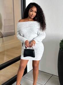 Alexandranx Gaun Sweater Mini Lengan Panjang Kerah Tinggi Model Bahu Terbuka Warna Abu-abu, Atasan Longgar Bawahan Ketat, Cocok Untuk Wanita Muda, Musim Gugur/Musim Dingin - Grey - View 4