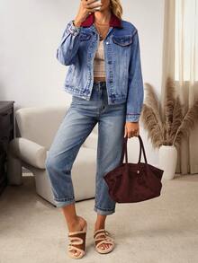 EMERY ROSE Áo khoác denim tay dài, cài nút đơn giản, ve áo màu tương phản, thời trang thu đông cho nữ - Màu xanh lam - Xem 6