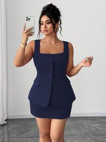 Elenzga Áo ba lỗ vải thun co giãn cỡ lớn có túi trang trí + Chân váy quấn vải thun co giãn thường ngày, bộ 2 món - Màu xanh hải quân - Xem 6