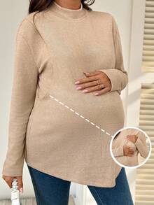 SHEIN 休闲简约高领长袖哺乳上衣 - 卡其色 - 查看 8