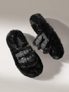 Solecia Women's Fluffy Adjustable Strap Thick Sole Home Slippers For Christmas - Black - View 6