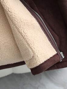 Franclia 女士休闲落肩拉链领长袖外套，带口袋，仿麂皮绒和泰迪绒面料，双色棕色，冬季款