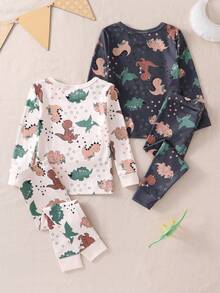 4件套新生男宝宝休闲可爱恐龙印花长袖连体衣和裤子家居服套装