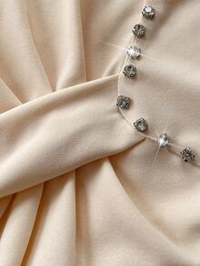 Viva Relle 大码女士优雅浪漫奢华钻石装饰无肩带收腰长袖连衣裙，秋冬款 - 杏色 - 查看 7