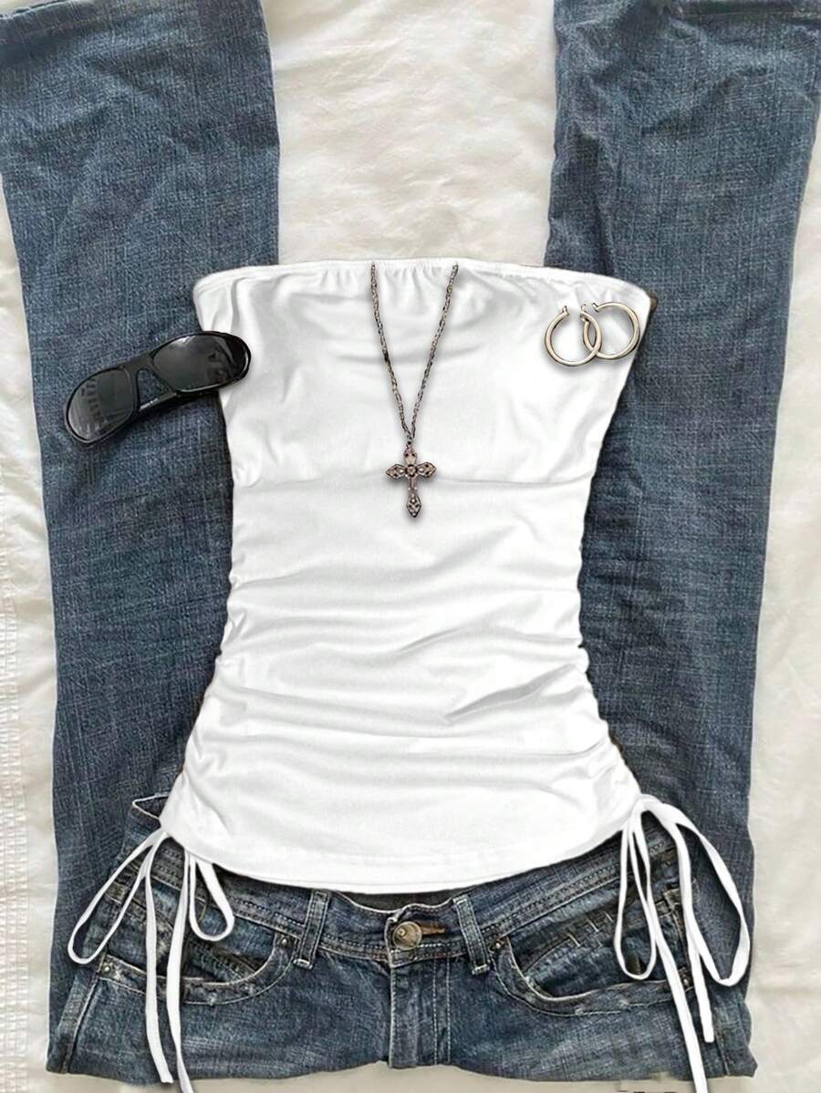 Attitoon 女士休闲抽绳系带短款抹胸 - 白色 - 查看 1