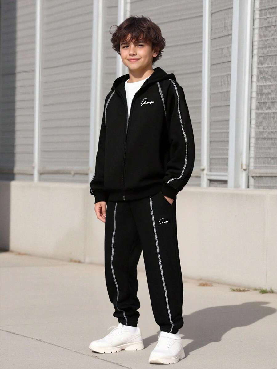 Vacaura 2 Stücke/Set Lässige Mode Kontrastnaht Raglanärmel Buchstaben Muster Rundhals Sweatshirt und Elastischer Bund Tasche Kordelzug Hose, Loose Fit, Komfortabel und Vielseitig für Jugendliche, Geeignet für Herbst, Frühling, Winter, Alltag, Pendeln, Outdoor, Sport, Schule, Streetwear, Party und Fotoshootings