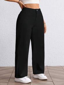 SHEIN EZwear 大尺碼女款無彈力黑色寬鬆直筒牛仔褲，休閒常規高腰寬腿牛仔褲，夏季款 - 黑色 - 查看 5