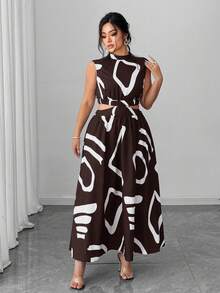 Elenzga Sukienka bez rękawów w dużym rozmiarze, seksowna i szykowna, idealna na dojazdy do pracy i wakacje - Kawowy brązowy - Zobacz 5