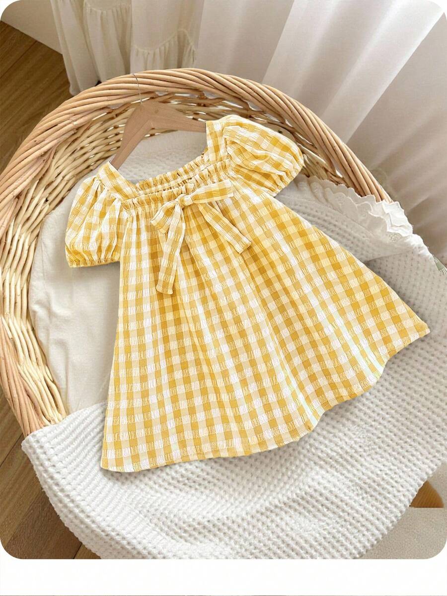 SHEIN Đầm suông tay ngắn họa tiết kẻ caro vàng dễ thương cho bé gái đi nghỉ hè - Màu vàng - Xem 1