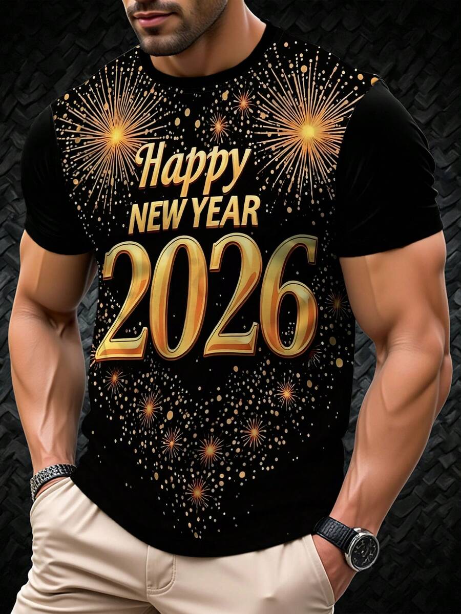 Manfinity Dauomo 【节日图案T恤】男士3D印花T恤 - “2026新年快乐”烟花设计,透气夏季休闲上衣,可机洗,面料柔软,街头风格设计,常规版型短袖圆领,适合年轻人,日常穿着 | 节日图案T恤 | 舒适版型,男士T恤,男装 - 黑色 - 查看 1