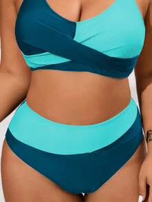 SHEIN Swim Curve 大码女式多色拼接高腰简约款三角形比基尼泳裤，性感优雅，适合海滩、度假 - 彩色 - 查看 5