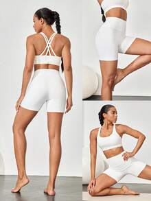 GLOWMODE 4.3" FeatherFit™ High-Rise Waist Shorts With Built-In Shorts Non-Slip Grips Low Impact Yoga Pilates Studio Daily Casual Wear - White - View 9