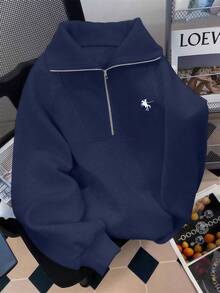 INAWLY Casual Loose Collar Half-Zip Graphic Print Long Sleeve Sweatshirt - Royal Blue - View 3