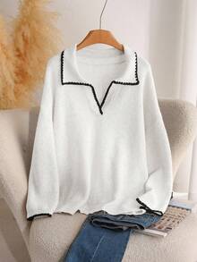 CosyJoli Plus Size Casual Color Block Trim V-Neck Pullover Sweater/Winter - White - View 1